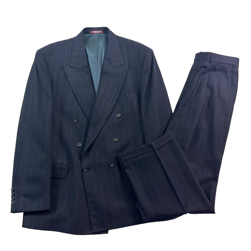 vtg 90s‎ Evan Picone 44L 33x32 2pc Pant Suit Double Breasted Flannel Wool USA